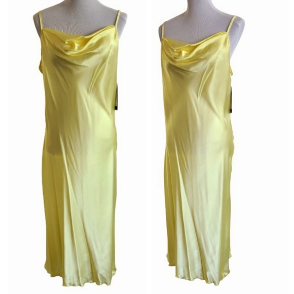 🆕️⬇️bebe Yellow Satin Cowl Neck Slip Midi Dress - Picture 2 of 11